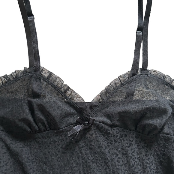 Y2K Black Leopard Print Sheer Mesh Lace Ruffle Trim Slip Mini Dress - Picture 4 of 6